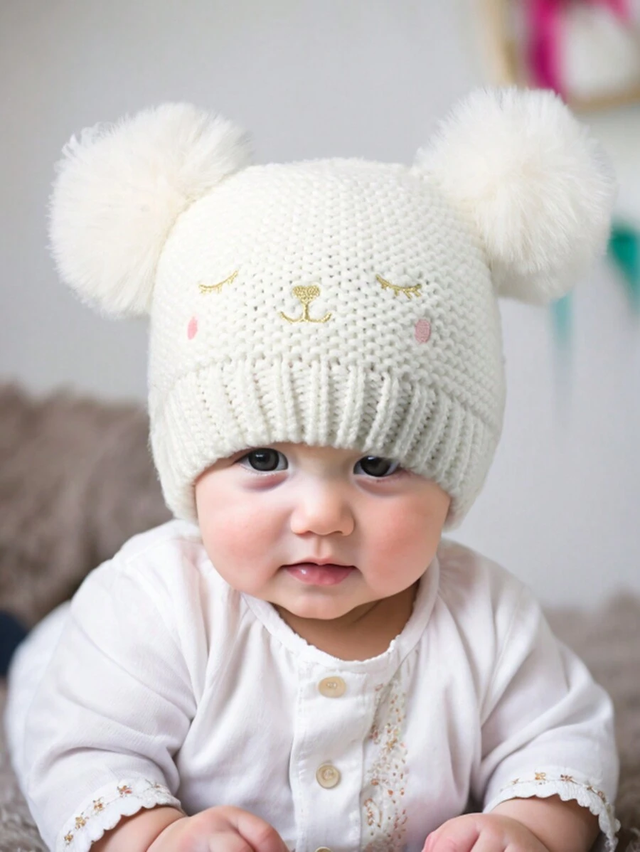 1st Baby Vintermössa Varma Småbarnsmössor Söta Pompom Mössor Stickade Beanie Beanie Babysnöhattar För Baby Girl - Vitt - Visa 1