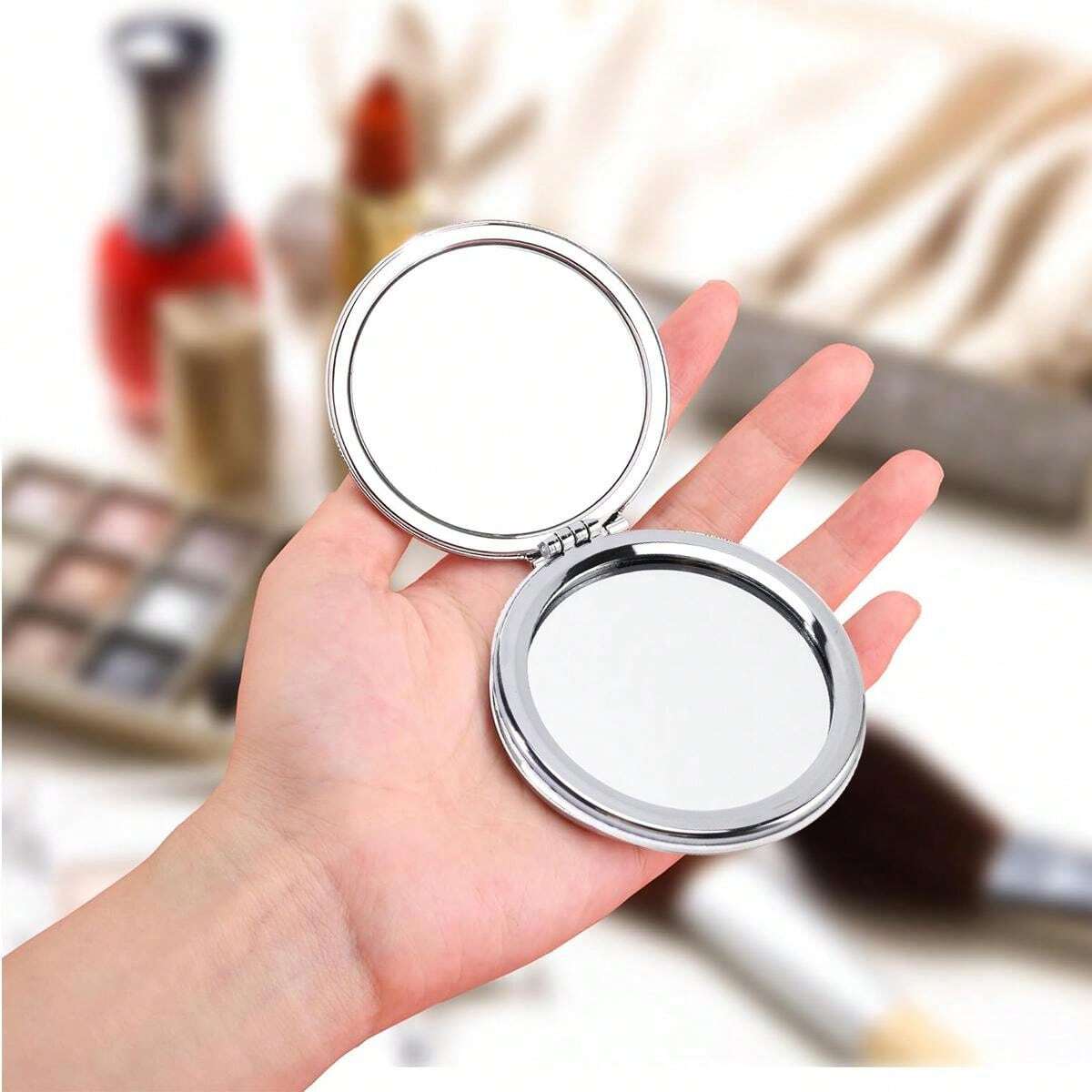 Desktop Makeup Mirror Solid Color PU Leather Simple Portable Handheld Makeup Mirror Foldable Student Compact Cute Pocket Mirror main image 1