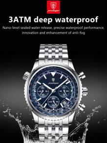 POEDAGAR 1pc Men's Fashionable Quartz Watch, Stainless Steel Multi-Function Date Chronograph Waterproof Luminous Pointer Wristwatch, Suitable For Business Occasions