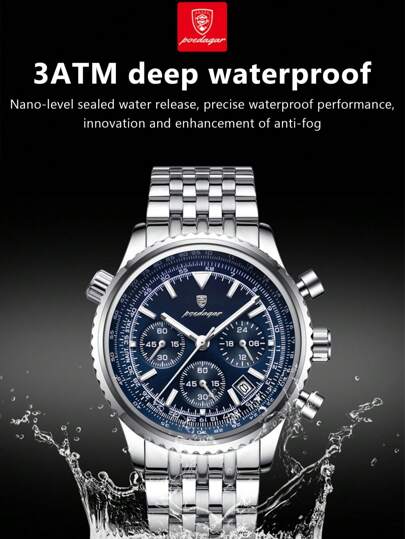 POEDAGAR 1pc Men Quartz Watchs, Stainless Steel Multi Function Date Chronograph Waterproof Luminous Pointer Watch, Wristwatches Business Occasions view 8