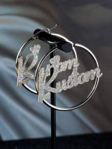 Personalized 40mm Frosted Big Hoop Earrings, Stainless Steel Jewelry, Customized Name Earrings, Luxury & Shiny Earrings For Women, One Pair - Silver - View 4