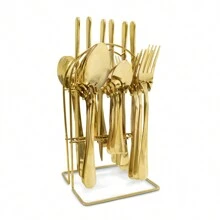 ANDROMEDA INC 24 Piezas Set De Cubiertos De Acero Inoxidable Incluye 1 Estante De Almacenamiento - Dorado - Ver 3