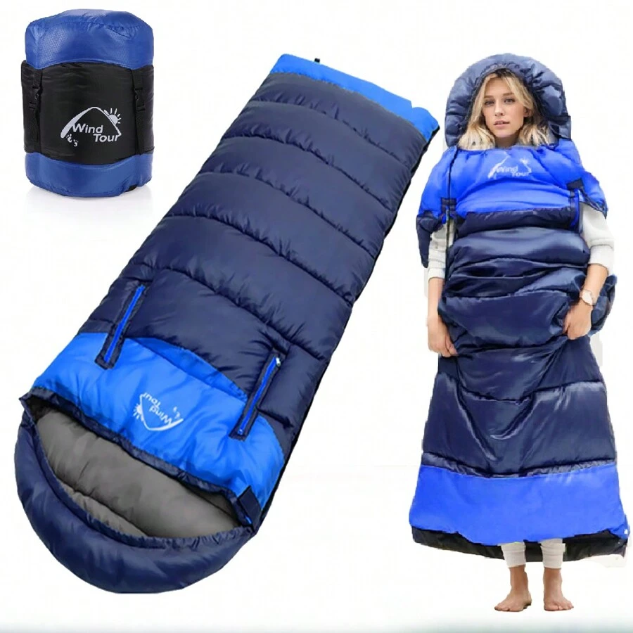 1pc Hooded Sleeping Bag For Adults - All-Weather Camping, Hiking, Travel & Fishing - Cold & Warm Weather Use With Compression Sack, Left & Right Zipper Splice - Xanh đậm - Xem 1