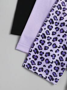3 conjuntos Camiseta de manga corta y pantalones cortos para niñas bebé con estampado de leopardo y unicolor - Morado Violeta - Ver 6