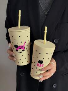 1入組卡通花系列塑料吸管杯，扁平底杯，旅行戶外杯，汽車杯，可重複使用的飲料杯，節日禮物，16.23安士/480毫升