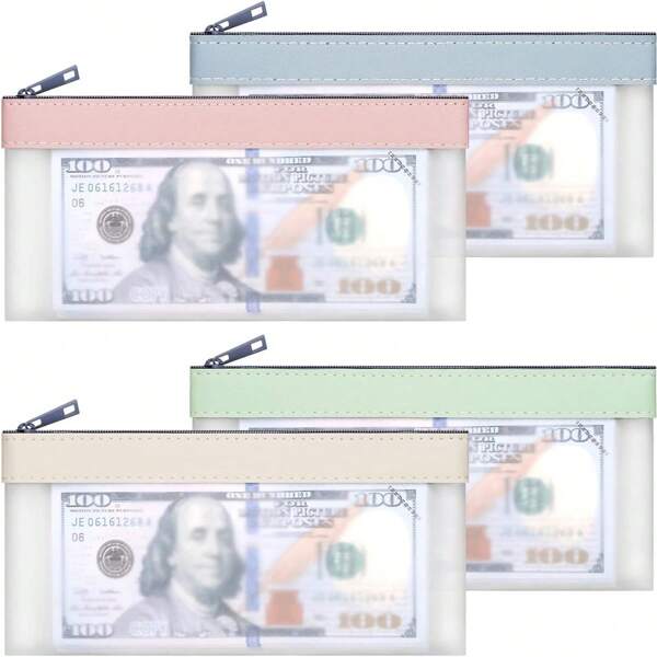 4 Pcs Money Bags With Zipper, Cash Envelopes, 7.6 X 3.7INCH Cash Bag, Money Pouch, Clear Bank Deposit Bags, 4 Colors Multi-Purpose Check Wallet Back To School,School Supplies