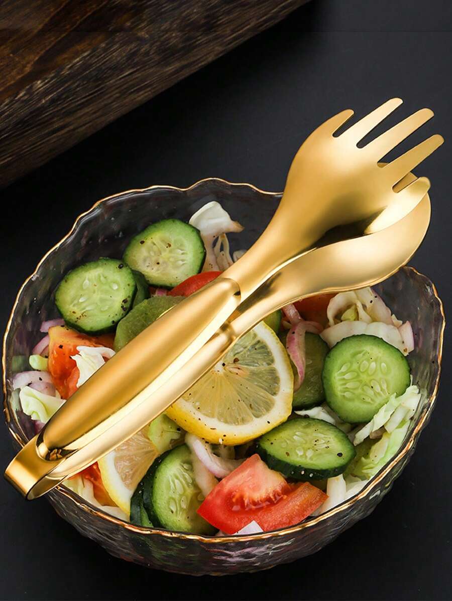 1pc Reusable Stainless Steel Tongs,Classic Gold Color Washable BBQ And Kitchen Tongs - Gold - View 1