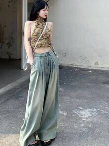 Pantalón ancho de mezclilla holgado vintage para mujer. pantalones drapeados para trapear el piso con cintura alta - Azul - Ver 7