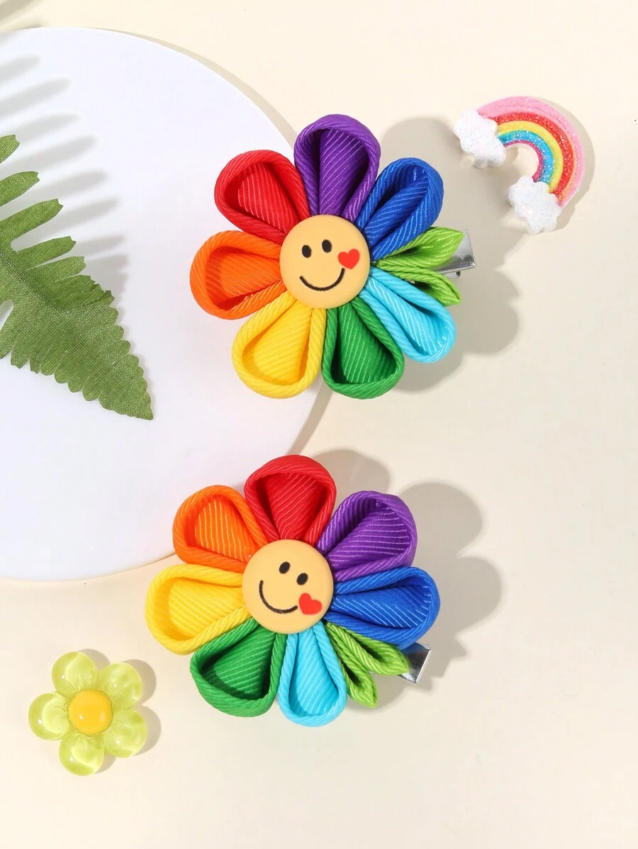 2pcs/Pack Girls Cute Rainbow Color Smile Petal Flower Hair Clip, Alligator Clip Hair Clip Suitable For Fine Hair Children Hair Accessories
