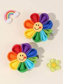 2pcs/Pack Girls Cute Rainbow Color Smile Petal Flower Hair Clip, Alligator Clip Hair Clip Suitable For Fine Hair Children Hair Accessories
