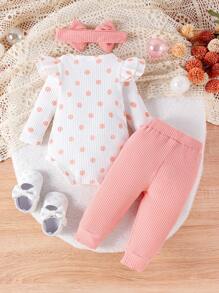 2件套女婴可爱波点印花长袖连体衣和裤子套装，轻薄面料，适合春秋季穿着 - 白色 - 查看 2