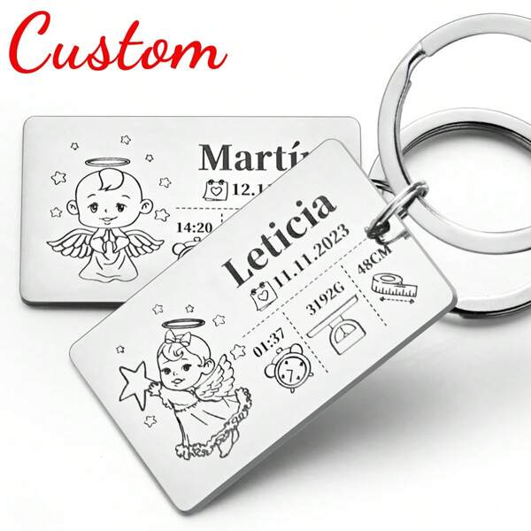 Llavero personalizado, regalo de nombre e información personalizada para recién nacido para nuevos padres en el día del padre o de la madre, llavero con anillas