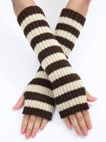 1pair Color Block Striped Knit Fingerless Long Gloves Arm Warmers For Women, Autumn Winter - Multicolor - View 11