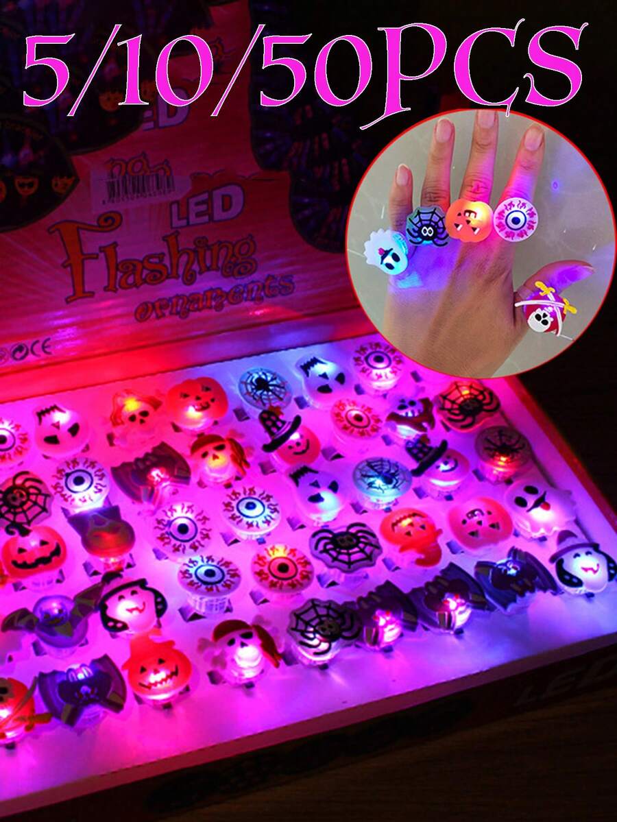 50/10/5PCS Halloween Glowing Ring LED Light Pumpkin Ghost Skull Rings Halloween Party Decoration Finger Rings Toys For Kids Gift(Random Mix) - Halloween - View 1