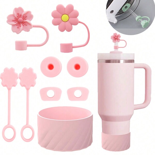 Silicone Threaded Water Cup Accessory Set, Including 1pc Silicone Bottle Cup Sleeve, 6 Anti-Spill Seal, And 2 Straw Seals (Suitable For 10mm/0.39in Straws) Dust-Proof, Reusable, Portable, Noise-Reducing, Wear-Resistant, Suitable For  40oz Water Cup