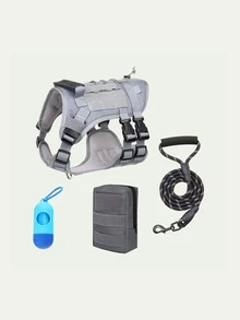 4入組狗用胸背帶、便袋提取器、牽繩和廢棄物提取袋套裝，外層採用耐用撕裂尼龍製成，內層採用透氣網布戰術背心面料，佩戴舒適不悶熱，配備6點扣環調整，易於配戴，背部設有D形環設計，適用於戶外活動和中大型犬 - 灰色 - 查看 3