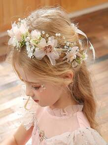 1pc Children's Flower Crown Headband, Princess Style Pearls Ribbon Hair Hoop ,Fairy Headpiece Wreath, Exquisite Decorative Design, Sparkling Head Jewelry, Delicate Wreath Style, Bridal Hair Accessories ,For Wedding And Party, Lovely Ornaments For Girls - Multicolor - View 12