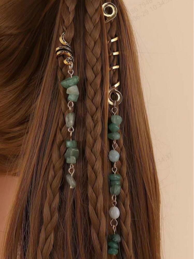 2pcs/6pcs Set Bohemian Style Stone Decor Hair Scrunchies, For Hair Accessories, Hair Clips, Student Supplies, Hair Decorations, Head Accessories, Hairpin - Green - View 10