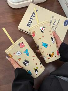 1入組卡通花系列塑料吸管杯，扁平底杯，旅行戶外杯，汽車杯，可重複使用的飲料杯，節日禮物，16.23安士/480毫升