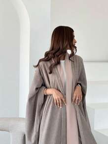 1 件女士亚麻长款蝙蝠袖连衣裙 Abaya，迪拜阿拉伯前开襟长袍，宽松休闲缎面披肩领开衫，适合日常穿着、活动配饰女士 - 卡其色 - 查看 3