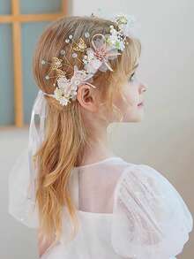 1pc Children's Flower Crown Headband, Princess Style Pearls Ribbon Hair Hoop ,Fairy Headpiece Wreath, Exquisite Decorative Design, Sparkling Head Jewelry, Delicate Wreath Style, Bridal Hair Accessories ,For Wedding And Party, Lovely Ornaments For Girls - Multicolor - View 3