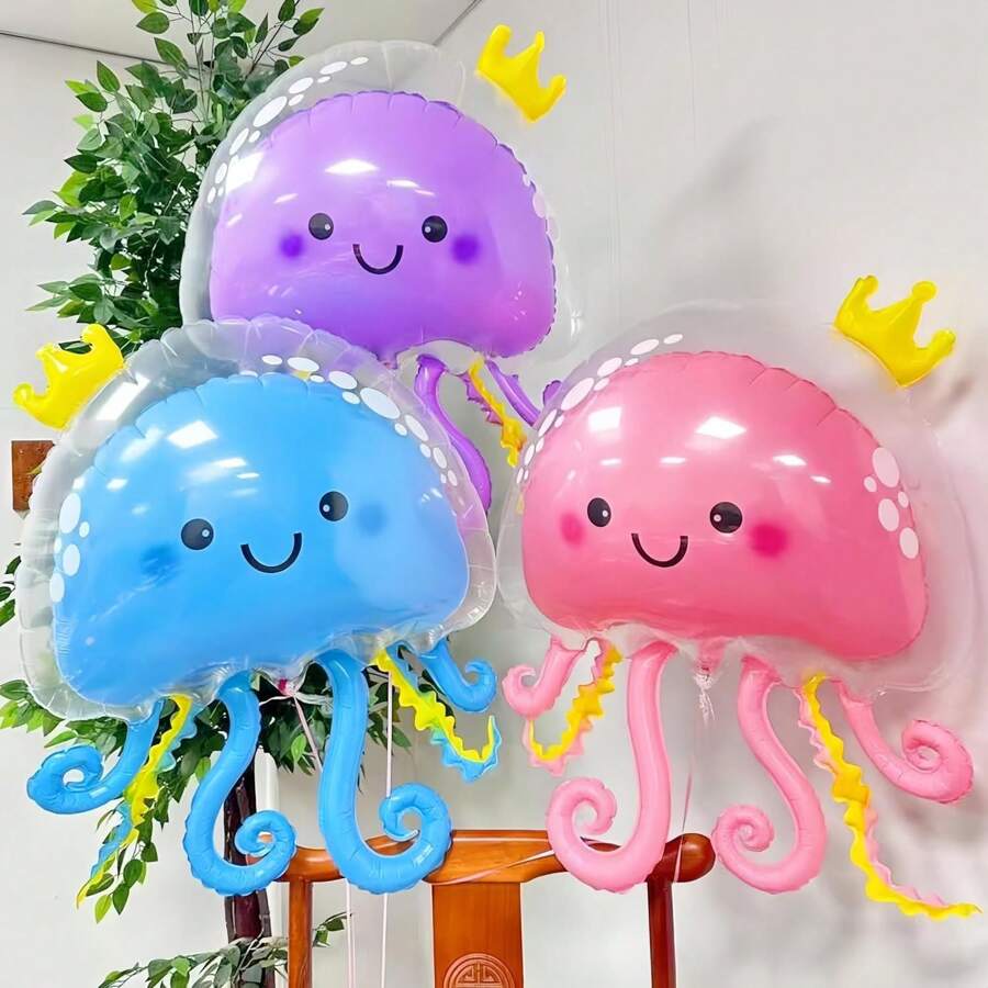 Cartoon 3D Jellyfish Aluminum Foil Balloon Set, Jellyfish Octopus Sea Themed Party Decoration, Mermaid Party Decor, Birthday Party Supplies,Christmas - Multicolor - View 1