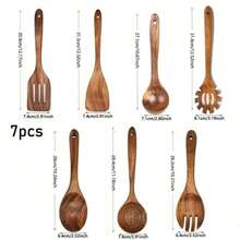 AIUHI 7入組木製烹調匙，木製烹調用具組合，木製廚房用具組，木製烹調鏟 - 棕色 - 查看 3