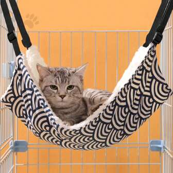 Blue And White Wave Patterned Adjustable Cat Hammock Swing Bed With Fleece, Suitable For Small To Medium Sized Cats For Year-round Sleep