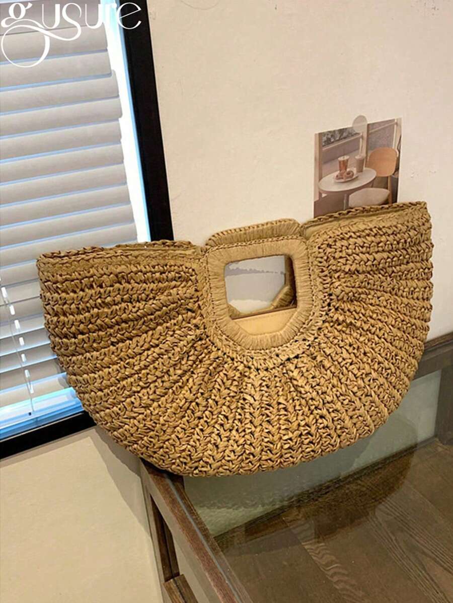 Gusure Bag Summer Woven Large Capacity Purse And Handbag Basket Bags Fashion Travel Shoulder Shopper Totes,Tready Crescent Moon Bag For Women, Straw Purse, Straw Beach Bag, Beach Necessities, Beach Essentials,Beach Stuff & Summer Essentials, Holiday Essentials,Perfect For Travel, Vacation, Holiday & Beach