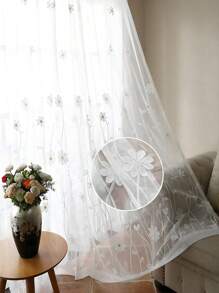 1片白色花卉刺繡透明窗簾，適用於餐廳客廳薄紗窗簾，臥室/客廳落地玻璃門窗簾，家庭裝飾 - 白色 - 查看 3