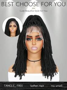 合成脏辫假发，全蕾丝假发，带婴儿发，14英寸仿脏辫假发，女士扭辫假发，双层蕾丝内网细密脏辫，低温丝合成假发，女士日常佩戴无结扭辫假发 - 黑色 - 查看 5