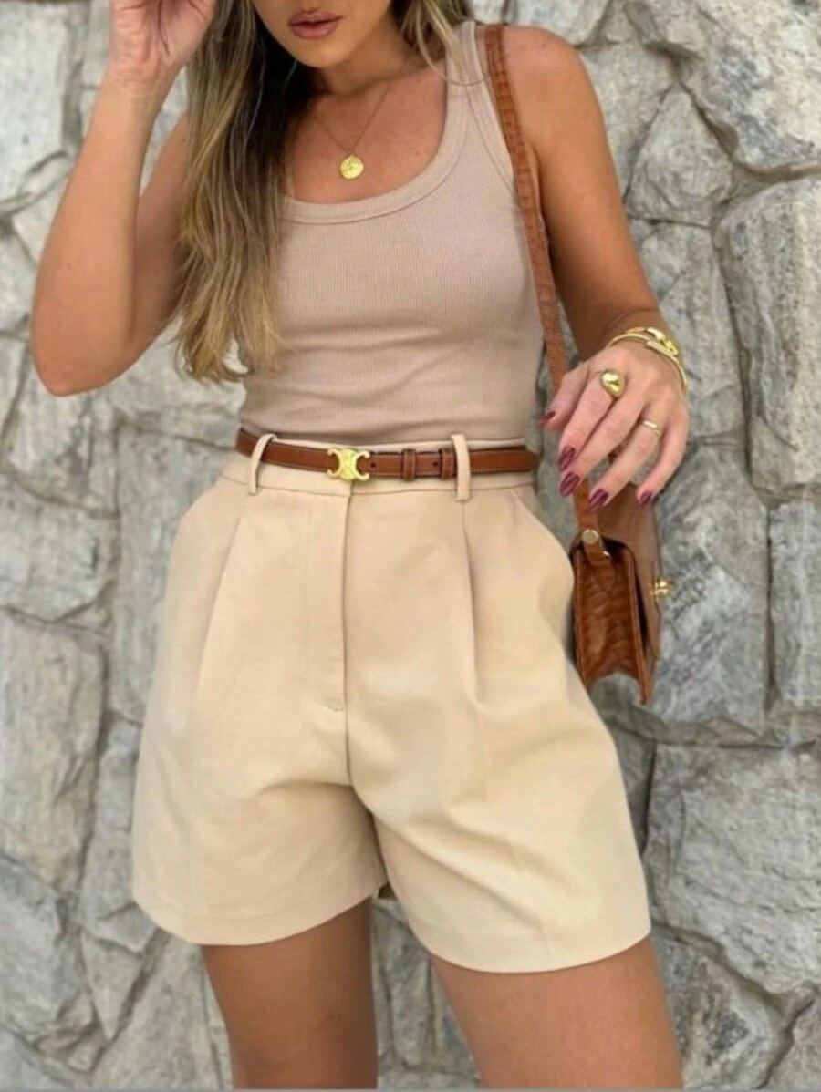 Suzi Mada Simple Solid Color Versatile Shorts - 杏色 - 查看 1