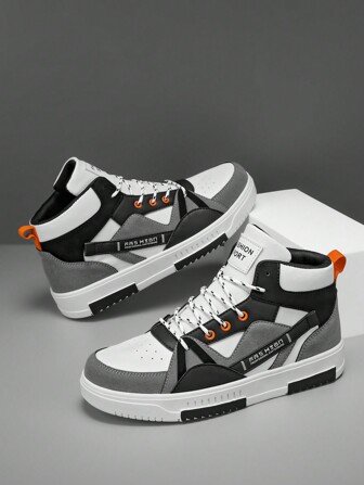 男式字母图案撞色系带运动面料厚底运动鞋，高帮户外运动鞋