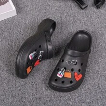 女士DIY打洞卡通愛心設計柔軟耐磨半腳趾室內外厚底平底涼鞋，適用於年輕可愛的大學女生，夏日 - 黑色 - 查看 5