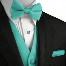 Sizes XS To 6XL Men's 3-Piece Tuxedo Vest Set – Satin Waistcoat With Bow Tie And Pocket Square For Wedding, Prom, Formal Events - Mint Blue - View 4