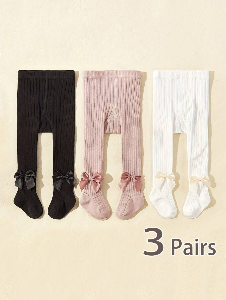 3入組兒童條紋蝴蝶結連褲襪，春秋季節穿著 - 彩色 - 查看 1