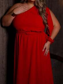 Women's Plus Size Long Dress With Single Sleeves And Slit And Delicate Belt - Red - View 8