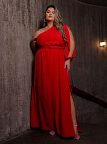 Women's Plus Size Long Dress With Single Sleeves And Slit And Delicate Belt - Red - View 7