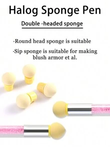 1pc Pink Brand New Double Head Sponge Pen Nail Brush, Smudge Gradient Brush Nail Art Tool With Rhinestone Embossed Handle And 4 Replaceable Sponges - Multicolor - View 2