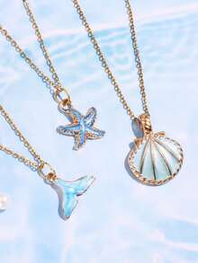 Conjunto de 3 piezas de collar colgante con concha de mar, estrella de mar y cola de sirena con estilo de vacaciones de playa para mujeres - Azul - Ver 3