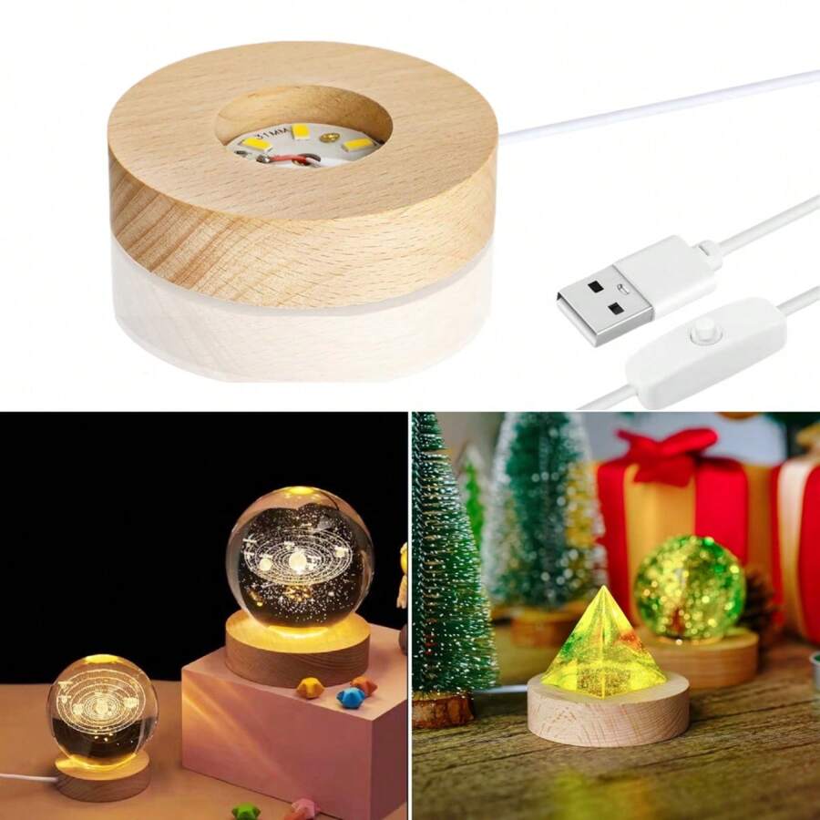 1pc LED Wooden Round DIY Romantic Night Light 3D Crystal Glass Decoration Lighting Display Stand Switched USB Powered Shelf For 3D Crystal Glass Resin Art