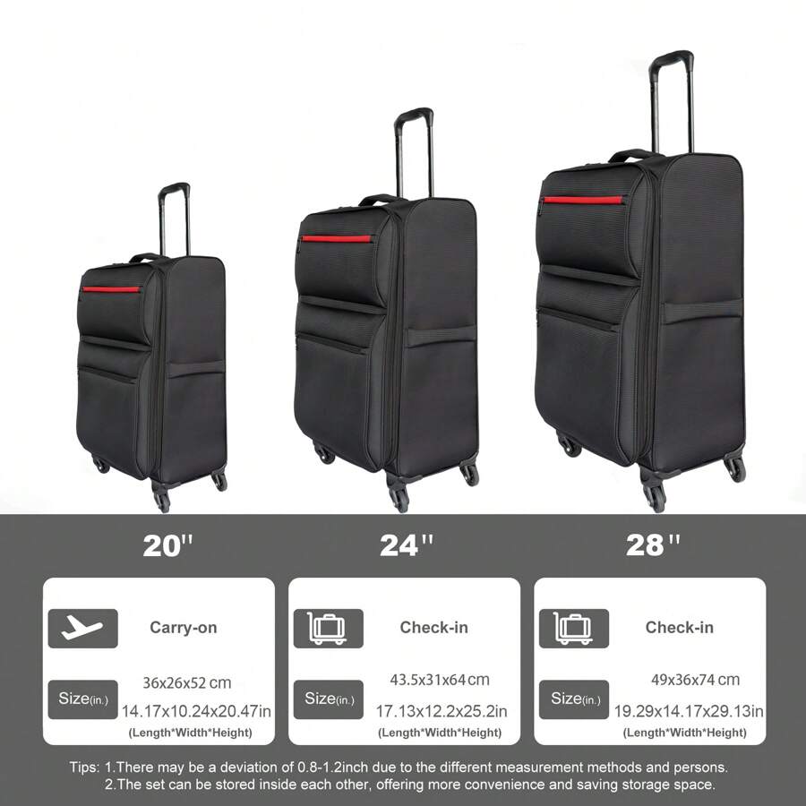 Softside Luggage Expandable 3 Piece Set Suitcase Upright Spinner Softshell Lightweight Luggage Travel Set - 黑色 - 查看 1