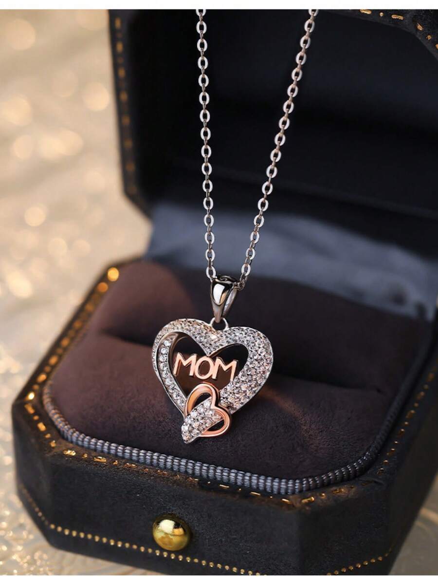 一封情书妈妈心形项链女轻奢锆石项链母亲节礼物 - 復古銀色 - 查看 1