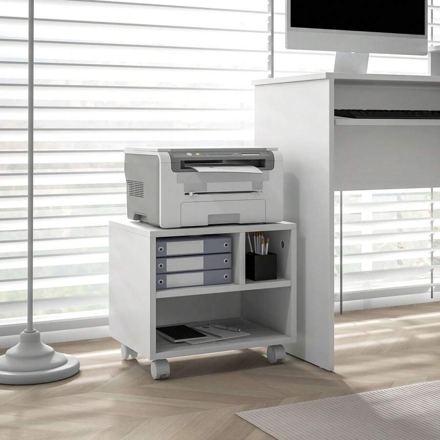 HOMCOM 2-Tier Printer Stand With Storage, Under Desk Printer Cart On Wheels With 3 Compartments, Desktop Printer Table For Home Office - 白色 - 查看 1