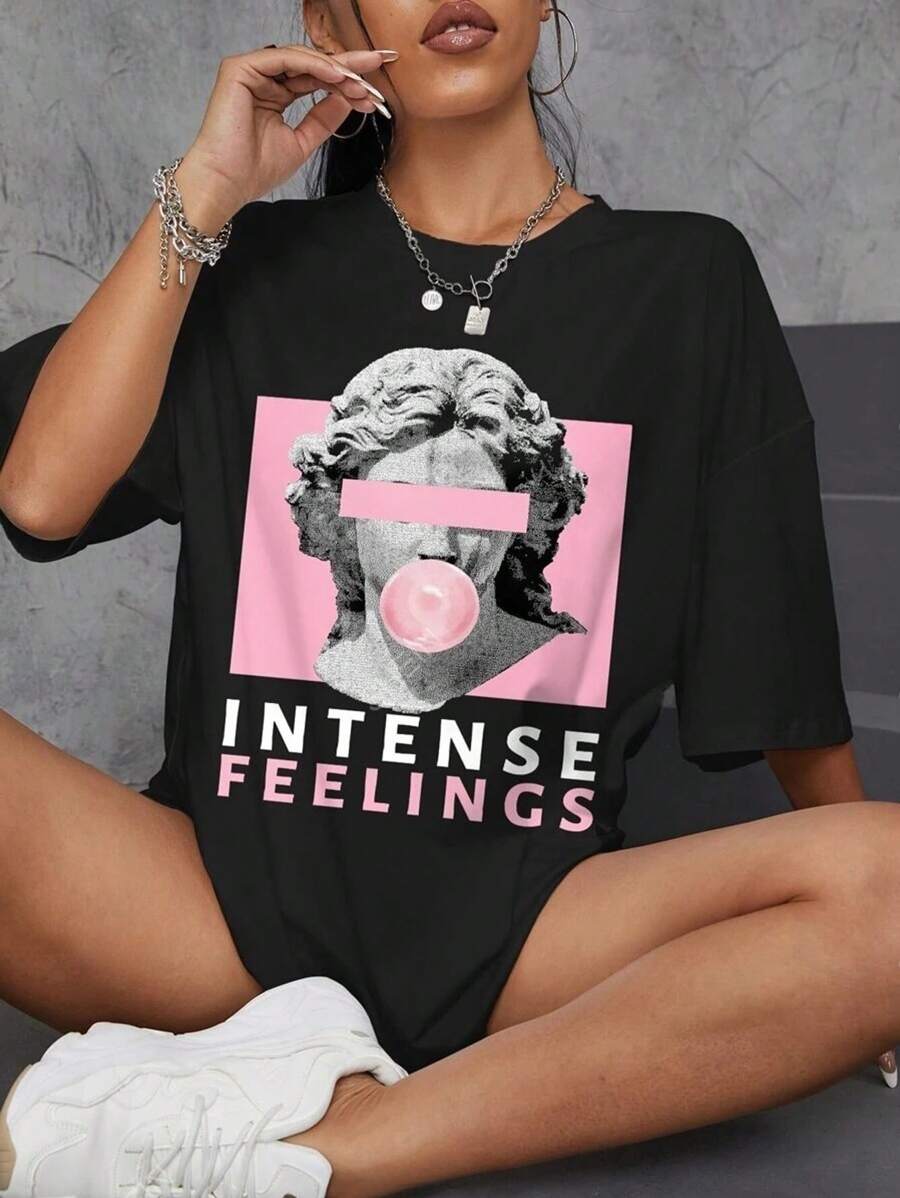 Playeras Deportivas Mujer Super Cómoda Casual Manga Corta Cuello Redondo Esculturas De Estampado - Negro - Ver 1