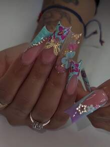 24 piezas de uñas postizas en forma de ataúd de estilo francés de alta gama con diseño de mariposas doradas en 3D y flores verdes, adecuadas para el uso diario de mujeres y niñas