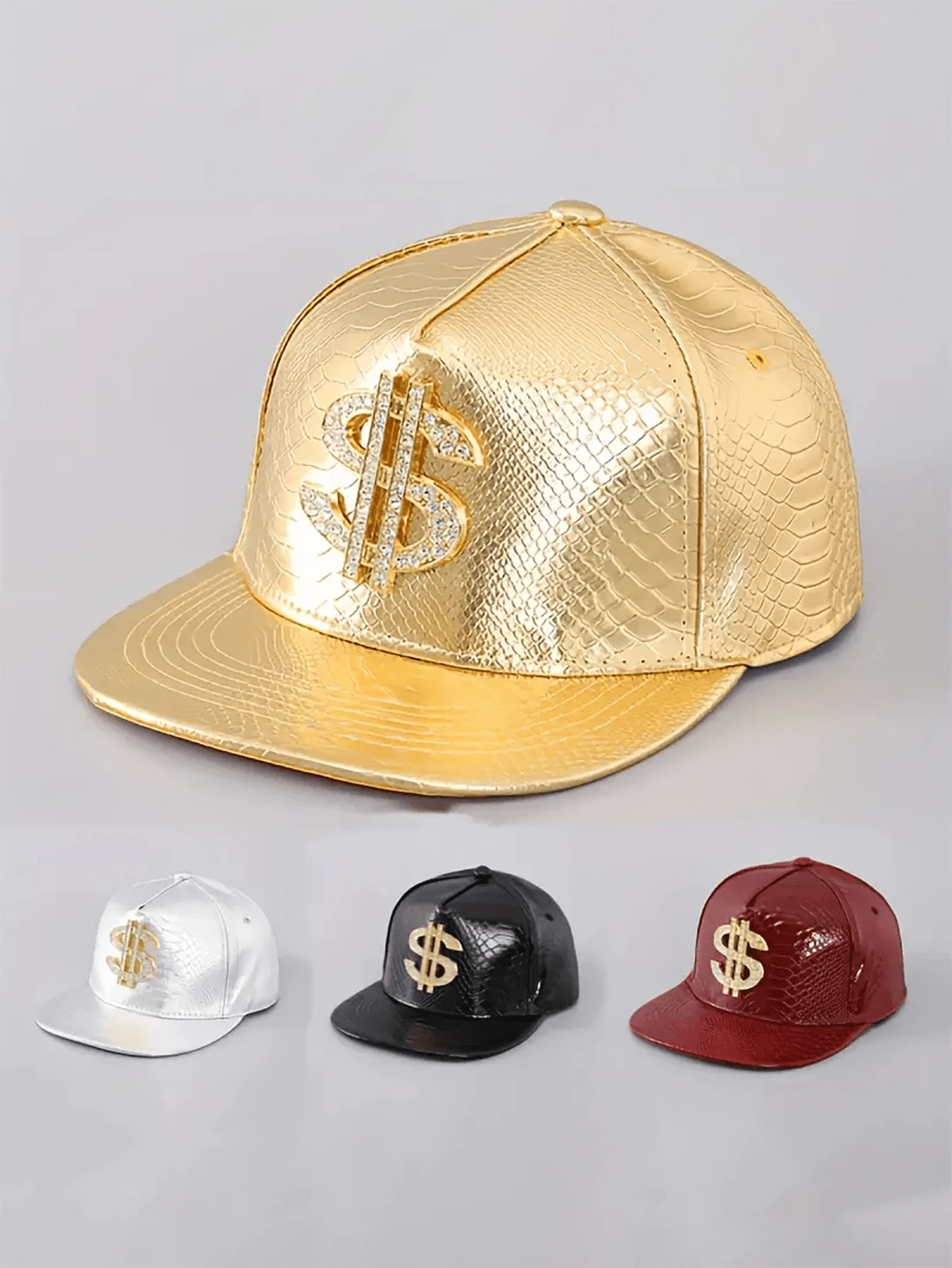 Cool Hippie Flat Brim Baseball Cap, Rhinestone Golden Dollar Sign Punk Trucker Hat, Snapback Hat For Casual Leisure Outdoor Sports, Dance & Skate Boarding & Cosplay,School