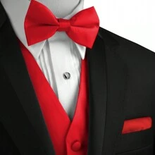 Sizes XS To 6XL Men's 3-Piece Tuxedo Vest Set – Satin Waistcoat With Bow Tie And Pocket Square For Wedding, Prom, Formal Events - Red - View 4
