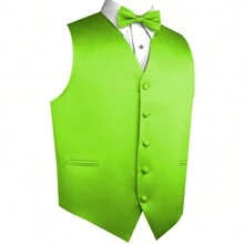 Sizes XS To 6XL Men's 3-Piece Tuxedo Vest Set – Satin Waistcoat With Bow Tie And Pocket Square For Wedding, Prom, Formal Events - 青檸色 - 查看 2