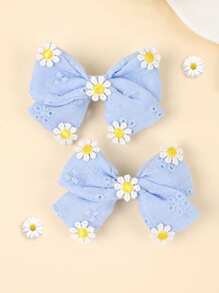 2 件装女童雏菊发饰，可爱花朵装饰蝴蝶结发夹，蓝色刺绣花朵发夹，全衬里，儿童婴儿发饰，爱心情人节 - 藍色 - 查看 10